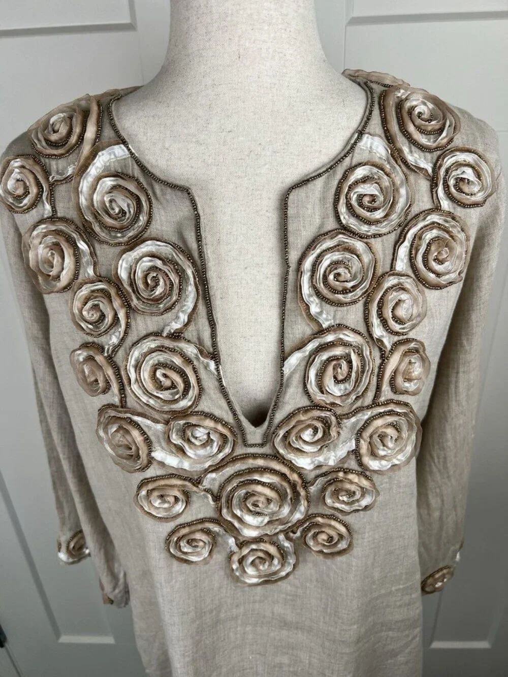 Key Lime & Pink Linen Tunic M Embellished Rosette Beaded Boho Top 3/4 Sleeve
